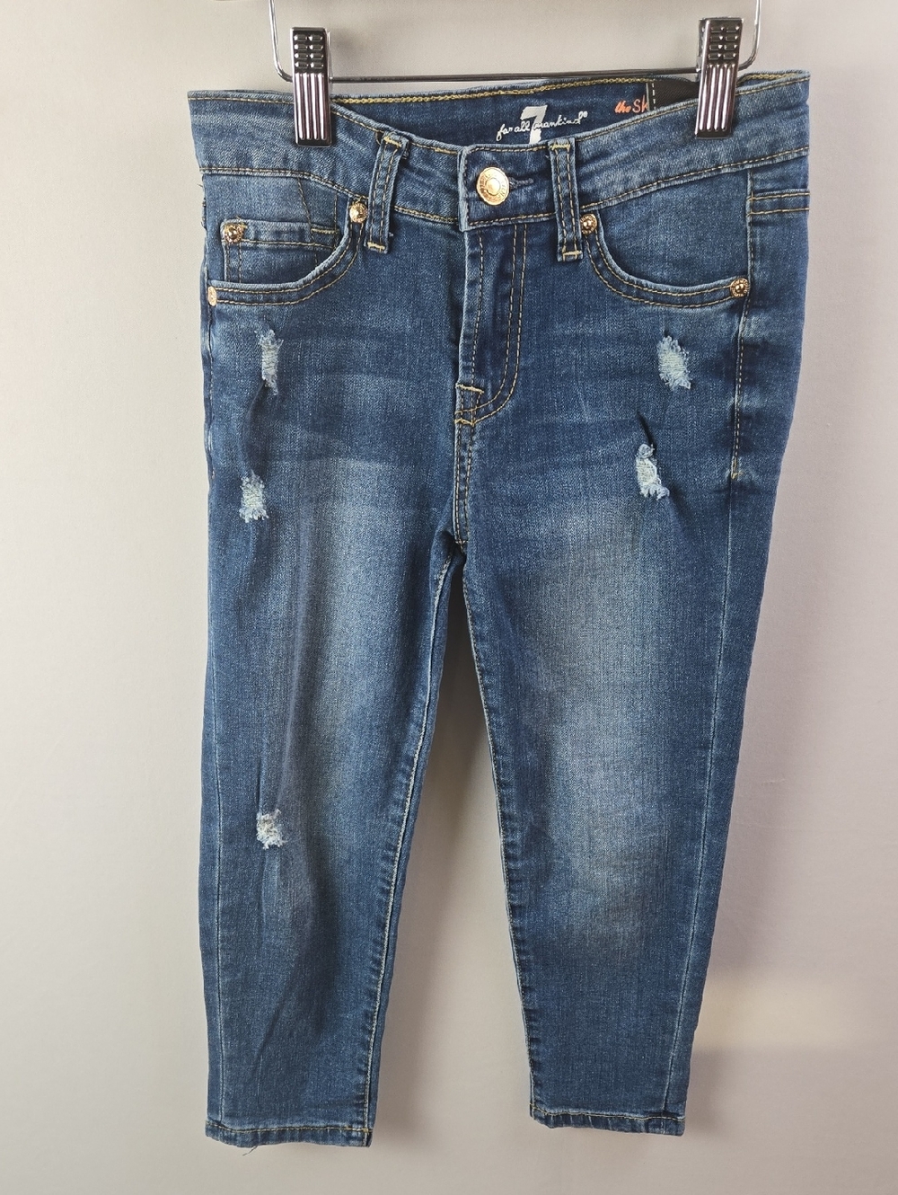 7 For All Kinds Girls The Skinny Crop & Roll Dark Blue Distressed Jeans Sz 8